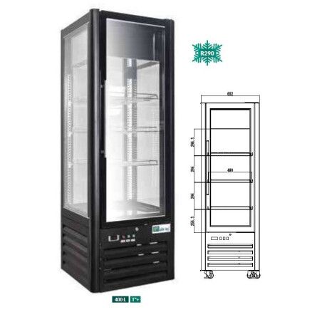 Vitrine réfrigérée Positive Noire 4 faces Vitrées 400L sur roulettes