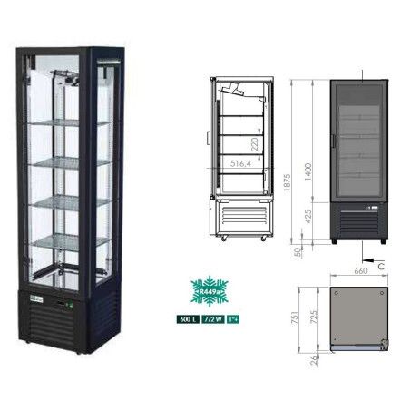 Vitrine réfrigérée Positive Noire 4 faces Vitrées 600L sur roulettes