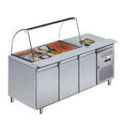 Saladette 3 portes Profondeur 700mm Dessus vitré ouvert Bacs GN1/1 Volume 465 litres