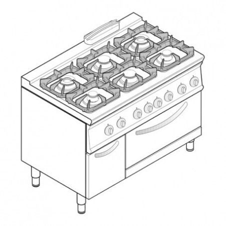 Fourneau dessus gaz 6 feux sur four électrique statique GN2/1 + Placard Gamme 700 Largeur 1200