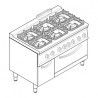 Fourneau dessus gaz 6 feux sur four électrique statique GN2/1 + Placard Gamme 700 Largeur 1200